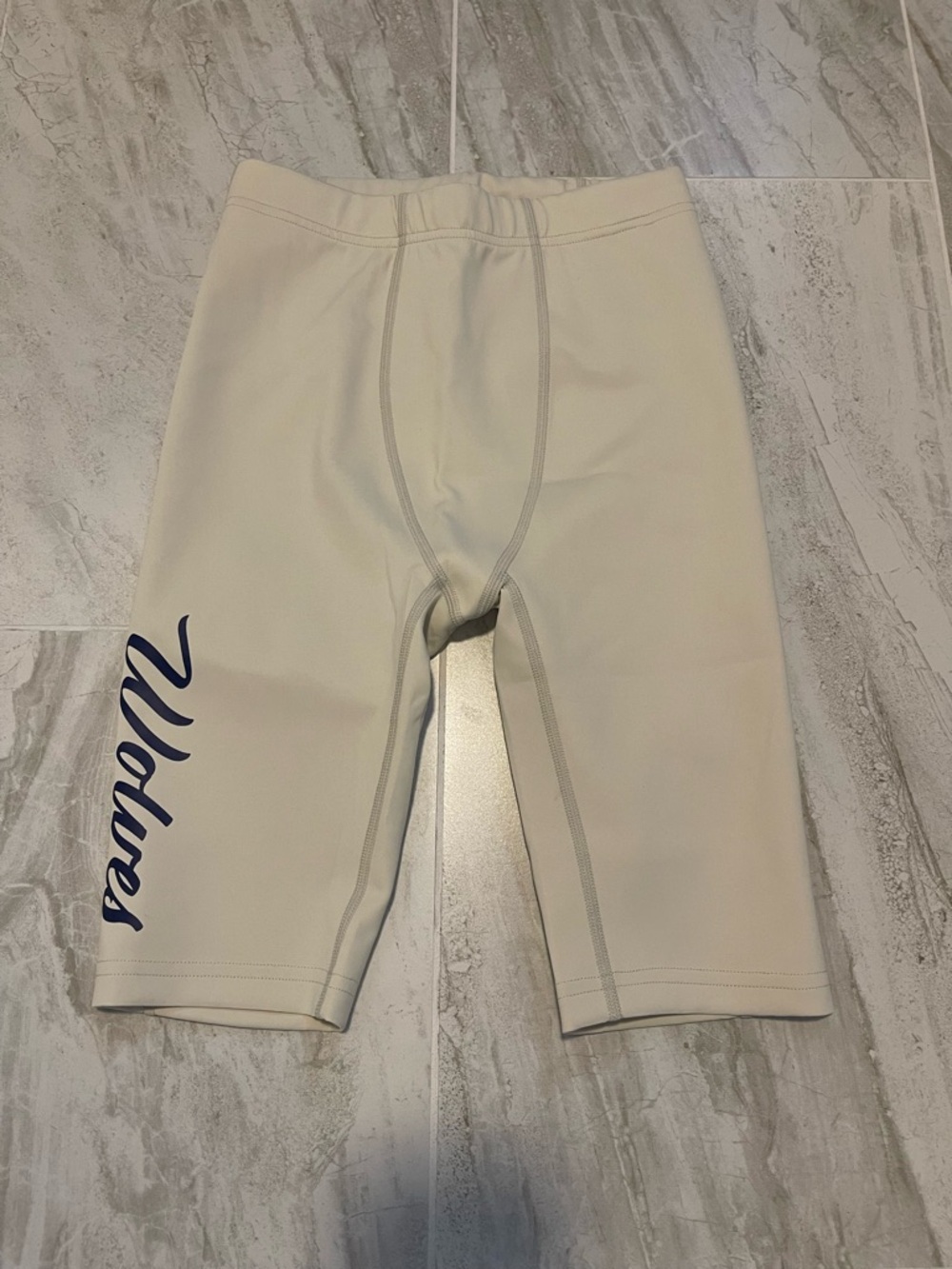 Darc Sport Cream Athletic Compression Shorts with Navy Script